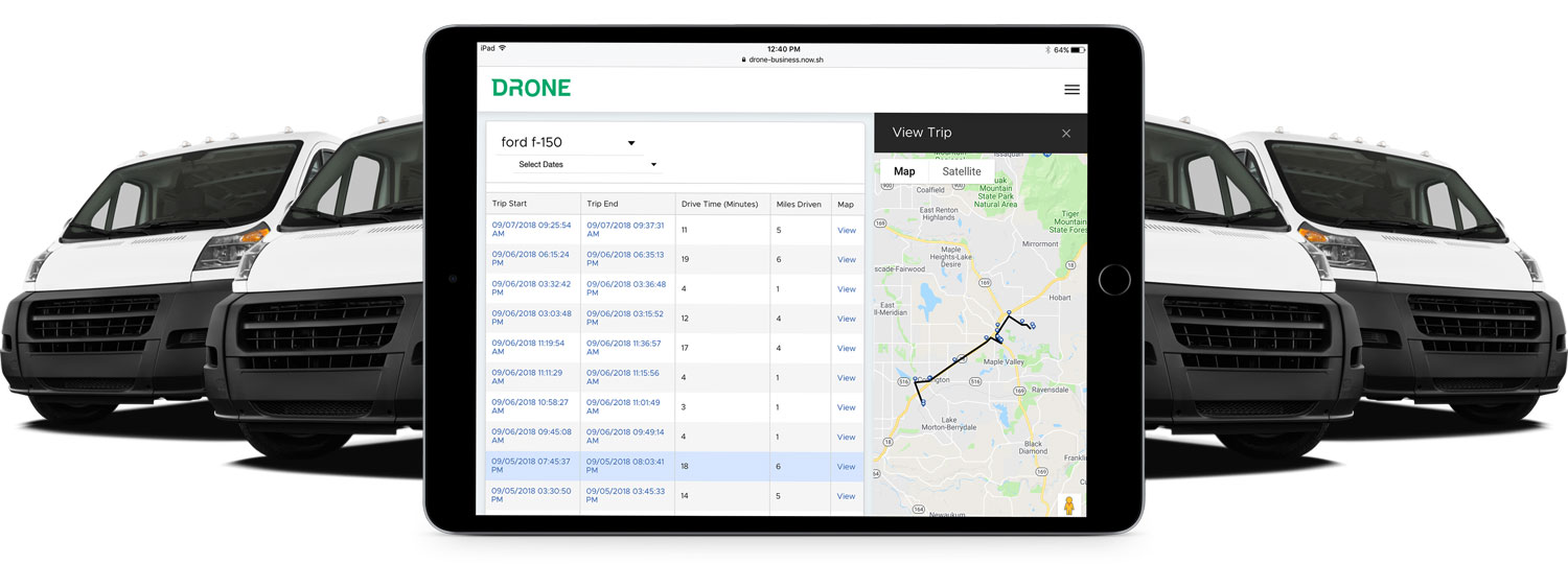 Fleet of vehicles with a tablet displaying the drone portal