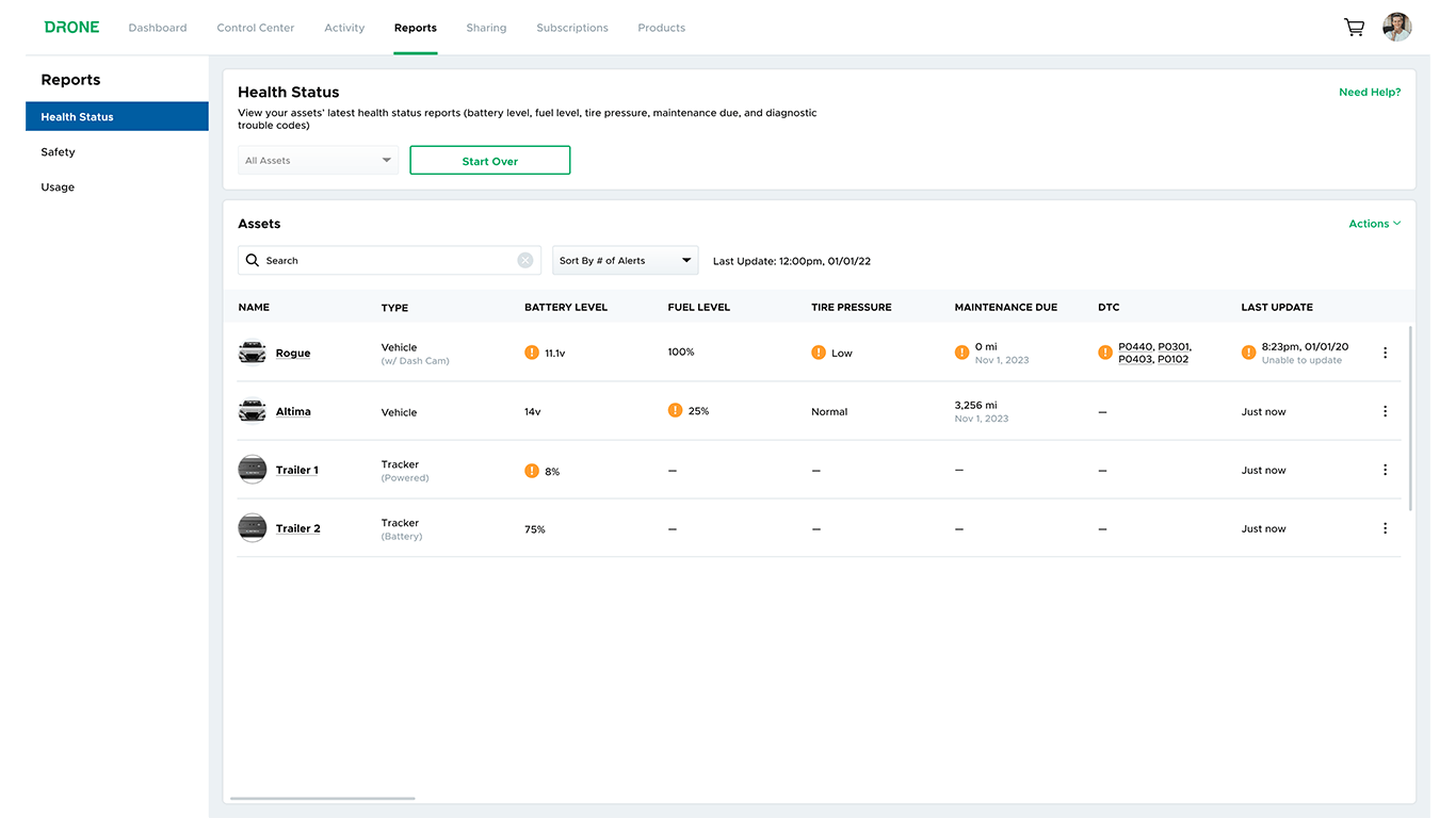 Stay on top of your fleet's health with vehicle status and health reports.
