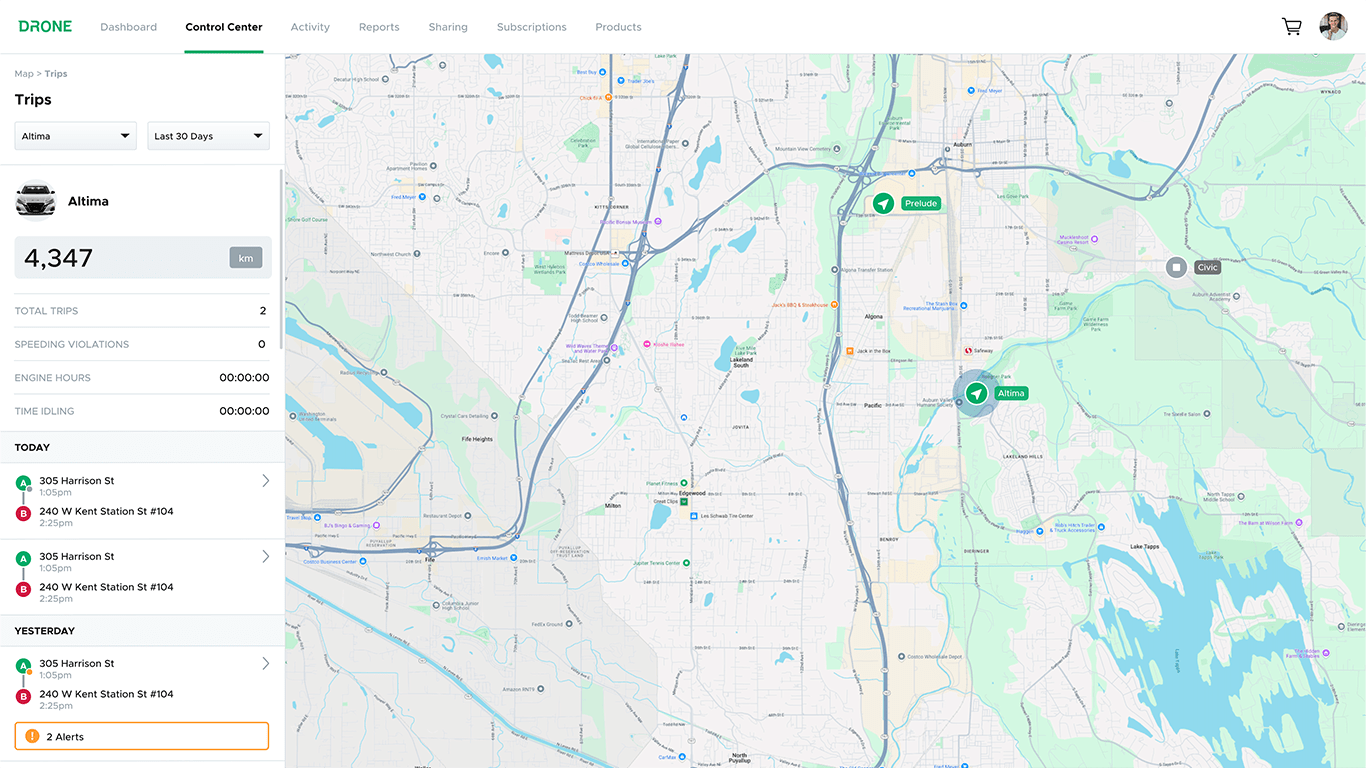 View each of your vehicle's recent trips, mileage, and alerts.